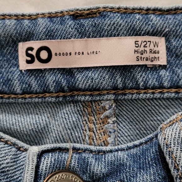 SO High Rise Baggy Straight Jeans Distressed Ripped Raw Hem Medium Wash Denim 5 - Picture 8 of 13